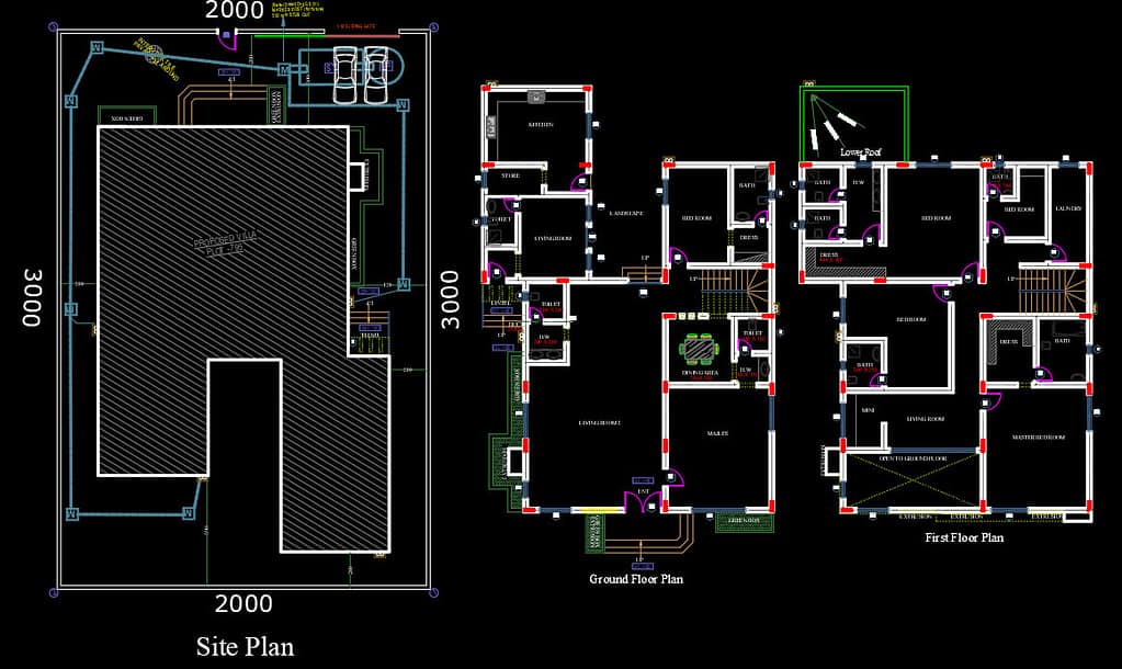 Two-floor modern house design with complete architectural and structural details