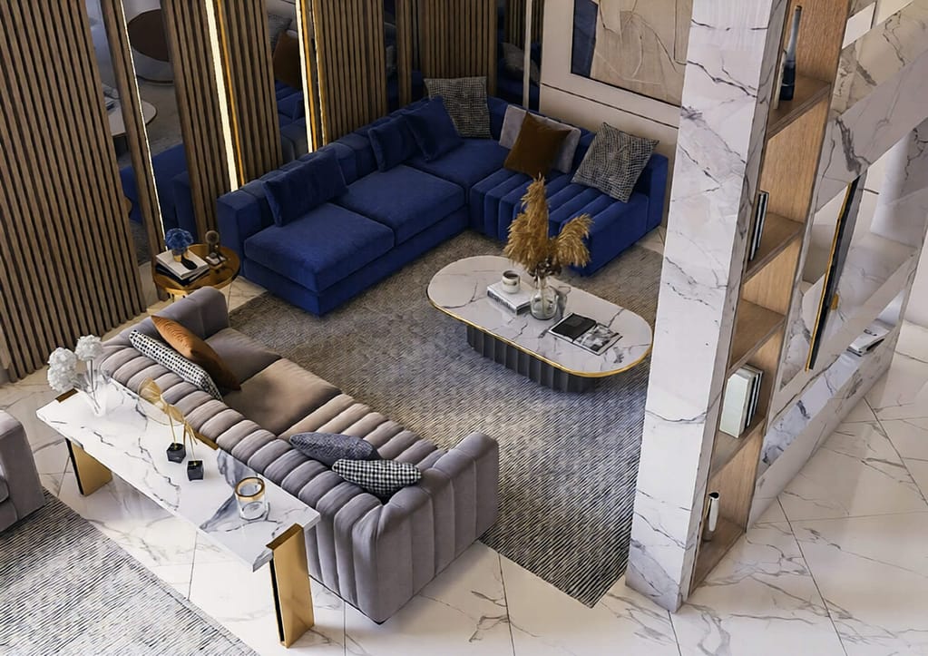 514 modern family hall interior design, size (7.20mx7.50m)