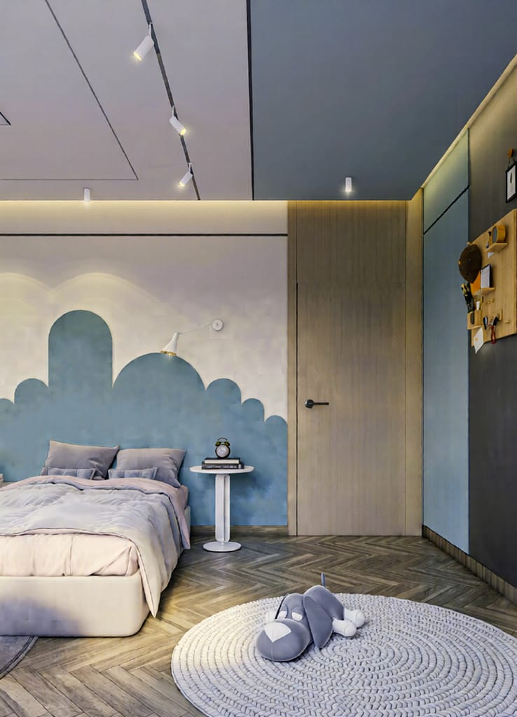 Modern master bedroom with wooden panel wall and ambient lighting