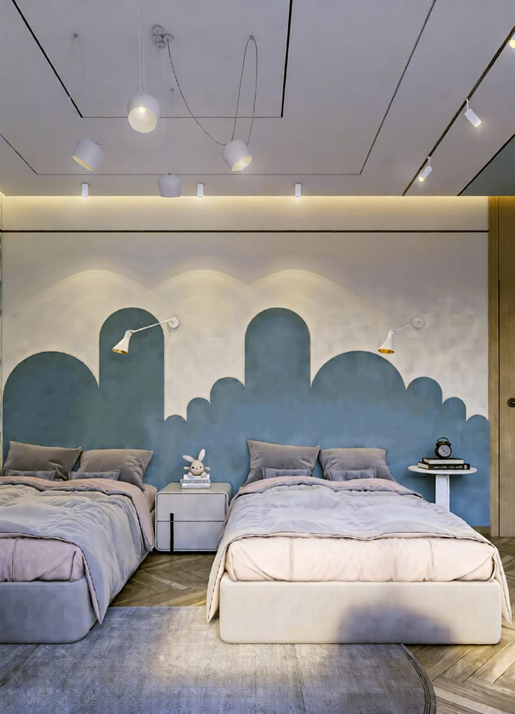 Minimalist bedroom layout with neutral color palette and large windows