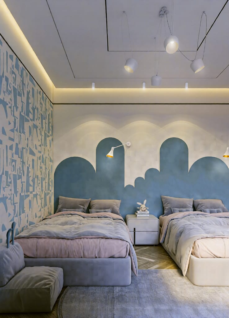 Modern master bedroom with wooden panel wall and ambient lighting